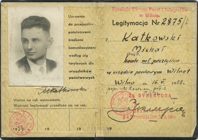 KKE 5426a.jpg - Dok. Legitymacja pracownicza wydana przez dyrekcję Okręgu Poczt i Telegrafów w Wilnie dla Michała Katkowskiego, Wilno, 16 V 1938 r.